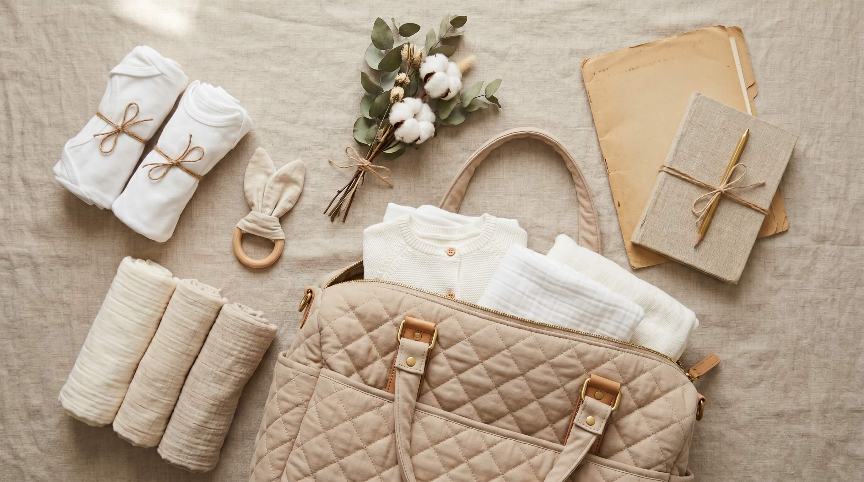 Sac à langer week-end matelassé beige préparé pour la maternité avec layette bébé