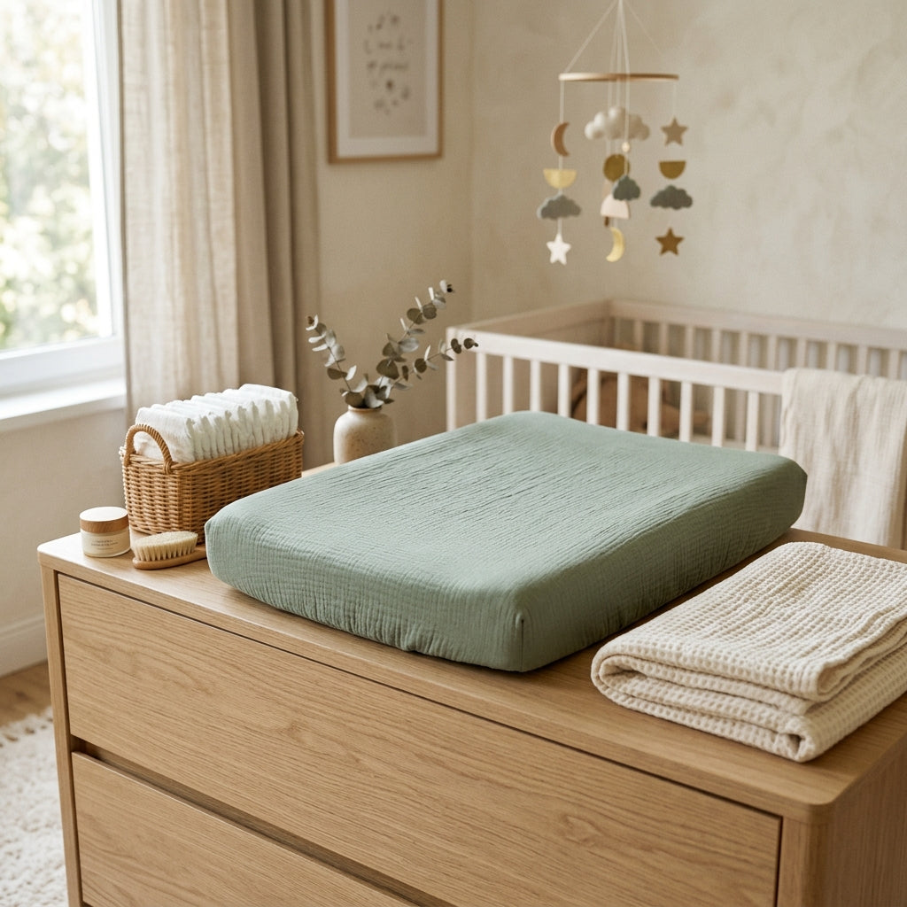 Housse pour matelas à langer en mousseline coton vert sauge sur commode scandinave — Maison Lunö
