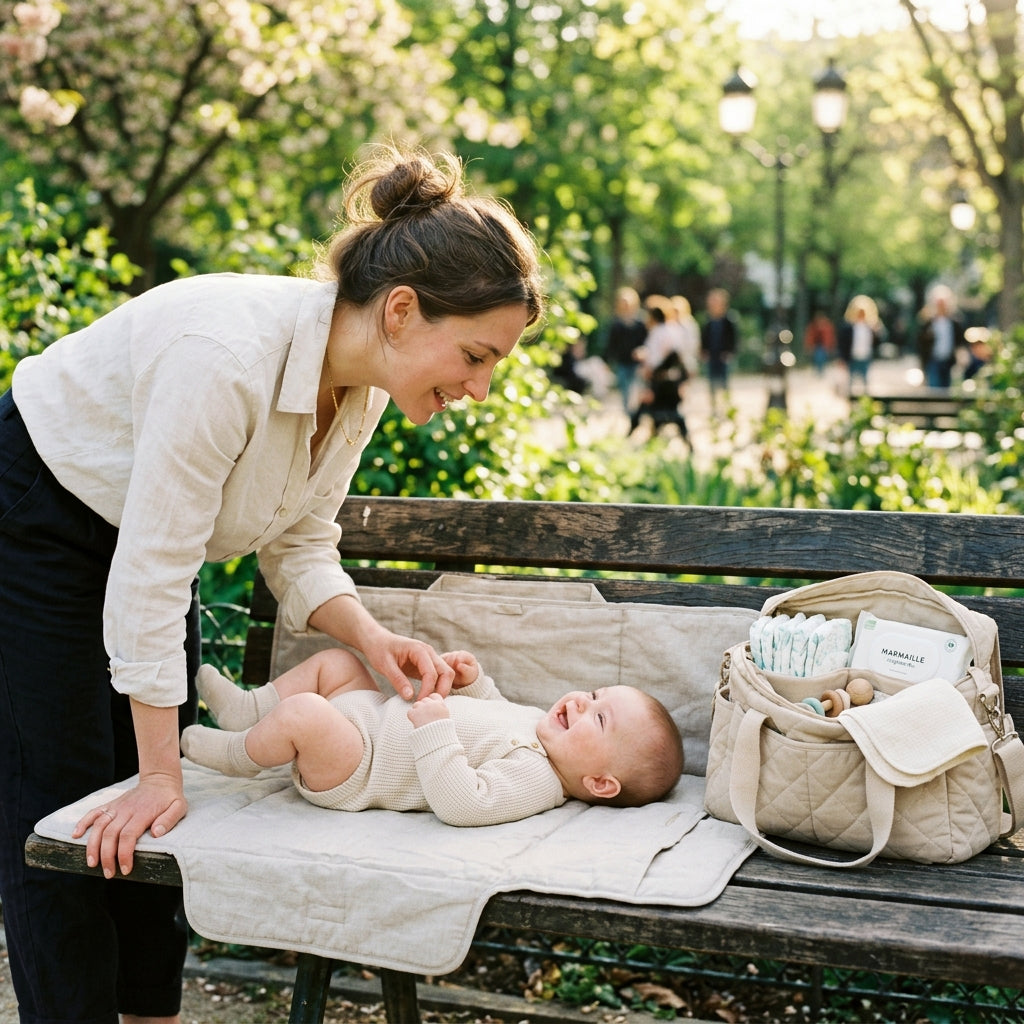 Matelas à langer nomade déployé sur un banc de parc avec maman changeant son bébé — Maison Lunö