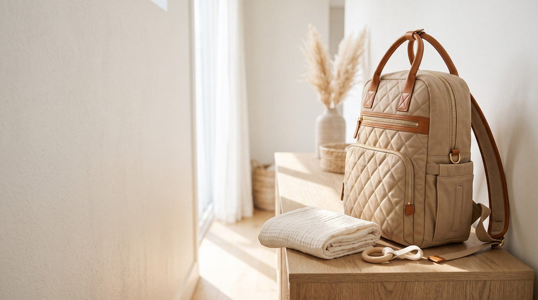 Sac à dos à langer beige matelassé à finitions cuir caramel, posé sur une console en chêne avec un lange en coton écru