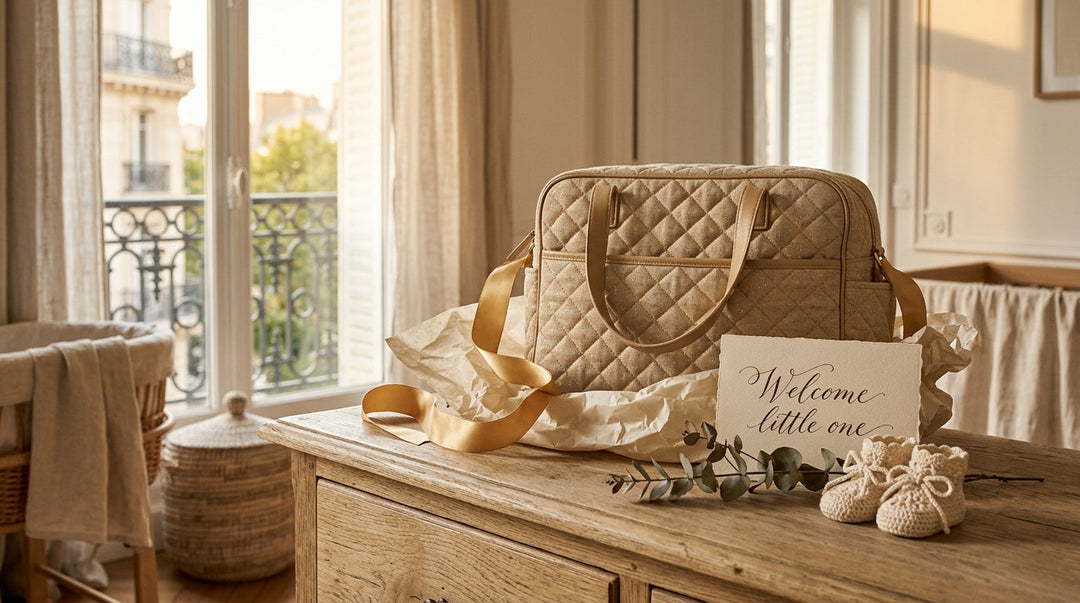 Sac à langer matelassé beige emballé en cadeau de naissance avec ruban doré et carte manuscrite, ambiance parisienne premium Maison Lunö