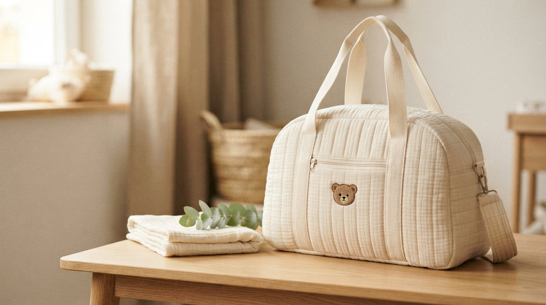 Sac à langer en gaze de coton matelassée écru posé sur un plan en chêne clair, avec un lange plié et une branche d'eucalyptus