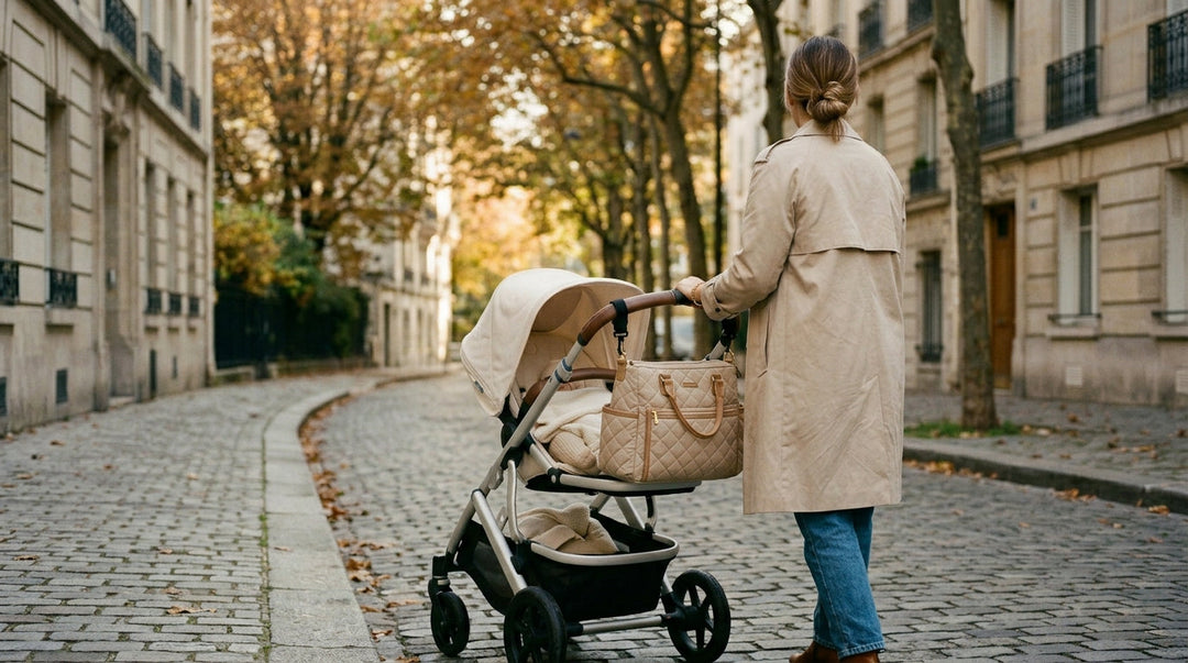 Jeune maman avec sac à langer beige clipsé à la poignée de sa poussette en balade matinale