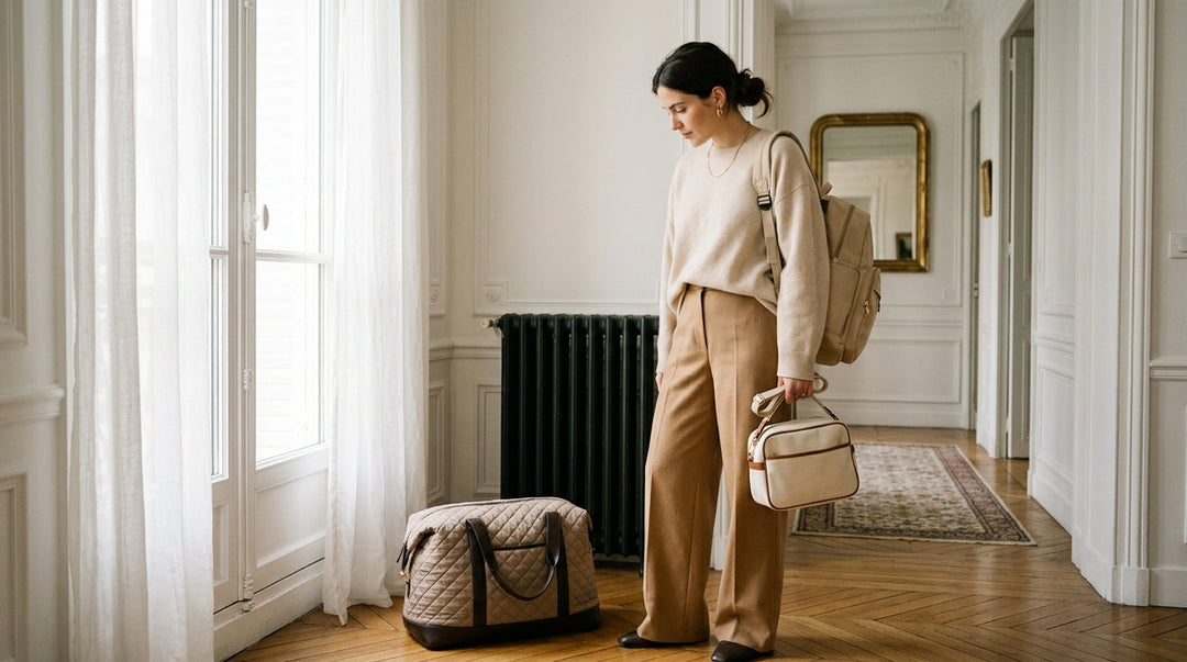 Jeune maman parisienne comparant trois tailles de sacs à langer Maison Lunö dans un intérieur haussmannien lumineux