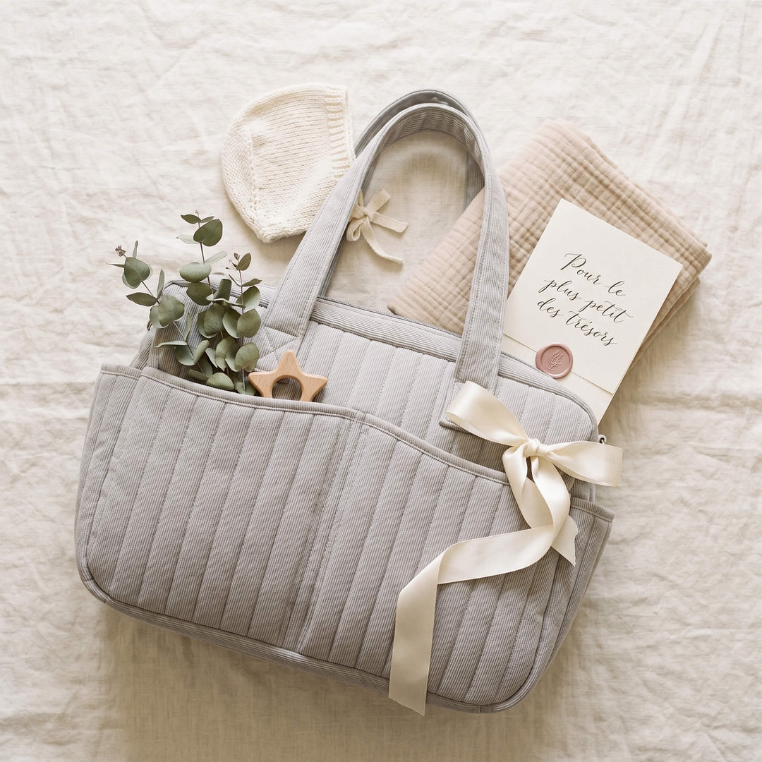 Sac à langer en cadeau de naissance avec bonnet, hochet en bois et plaid en mousseline sur du lin crème