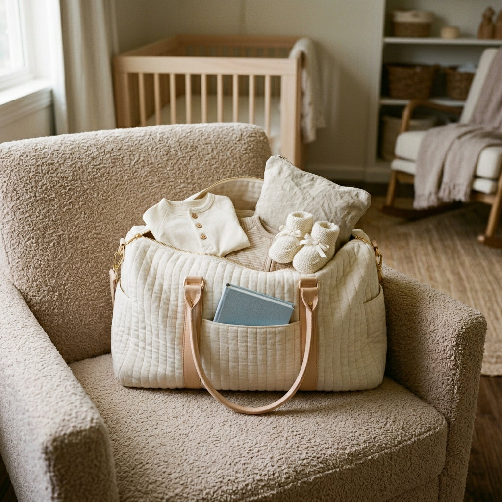 Sac à langer maternité écru matelassé préparé sur un fauteuil cosy avec essentiels bébé