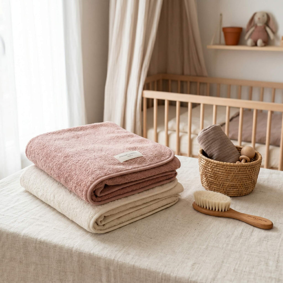 Housses de matelas à langer rose poudré et écru pliées sur du lin, devant un lit bébé à barreaux en bois clair