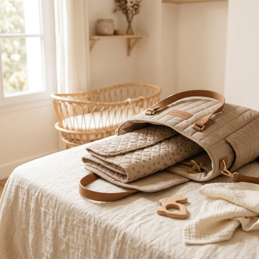Matelas à langer nomade matelassé beige déplié sur un lit en lin, devant un berceau en rotin dans une chambre lumineuse
