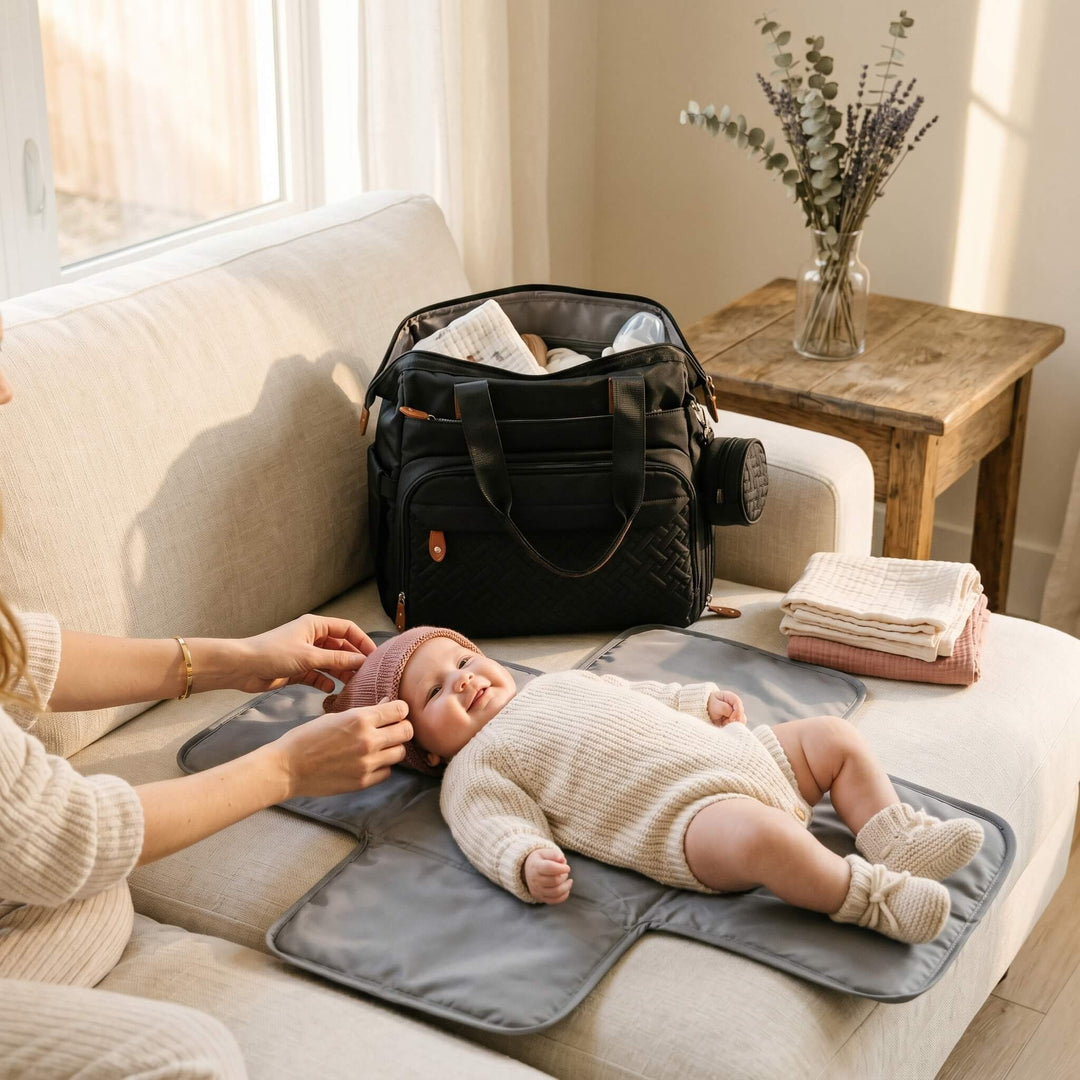 Sac à langer ouvert avec son tapis à langer déployé sur un canapé crème, bébé en train d'être changé