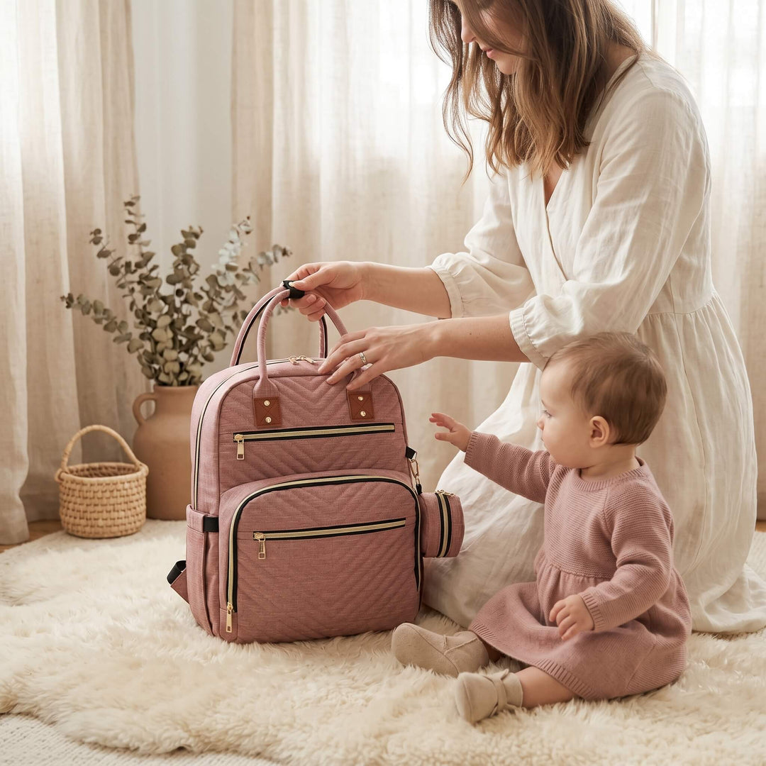 Sac à langer pour bébé fille rose poudré posé sur un tapis en peau, maman et petite fille en tenue ivoire