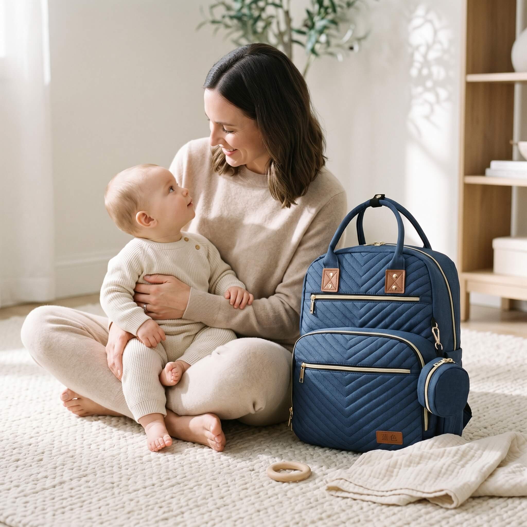 Sac à langer pour bébé garçon dans une scène tendre maman et bébé sur un tapis en lin, tons neutres et naturels