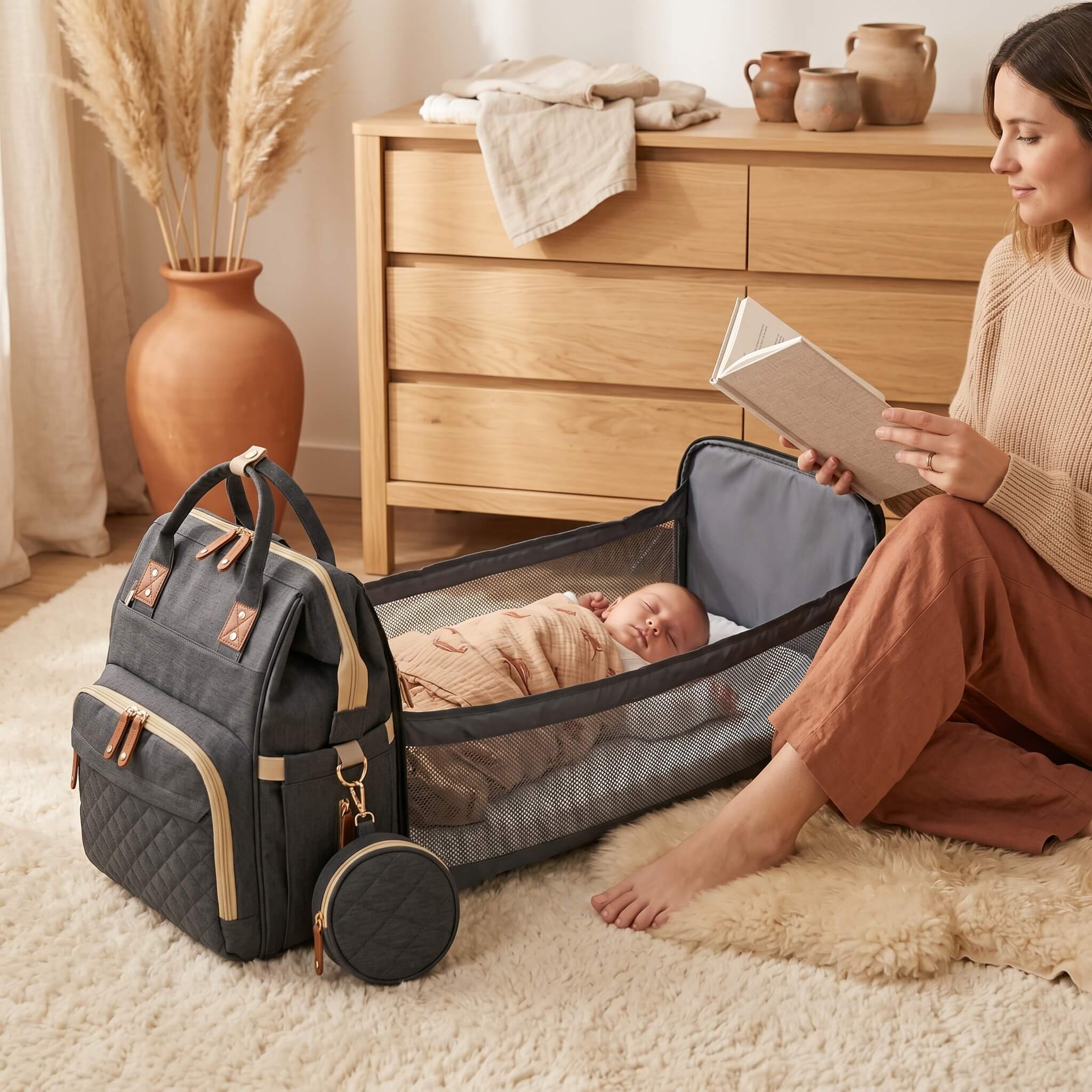 Sac à langer convertible déployé en lit nomade avec bébé endormi à l'intérieur, ambiance boho douce