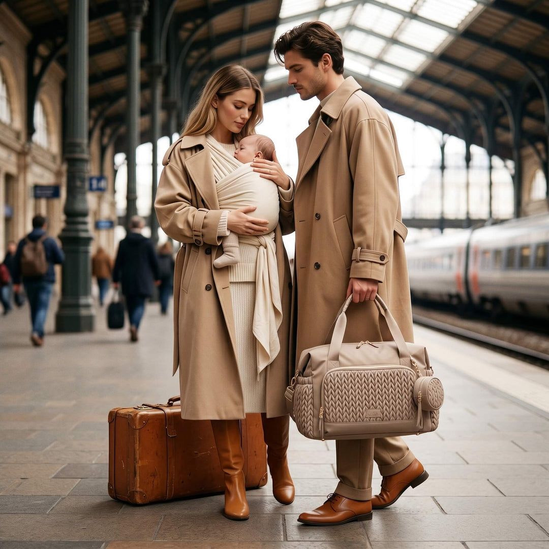 Sac à langer de voyage en cuir caramel porté par un jeune couple en gare parisienne avec leur bébé en porte-bébé