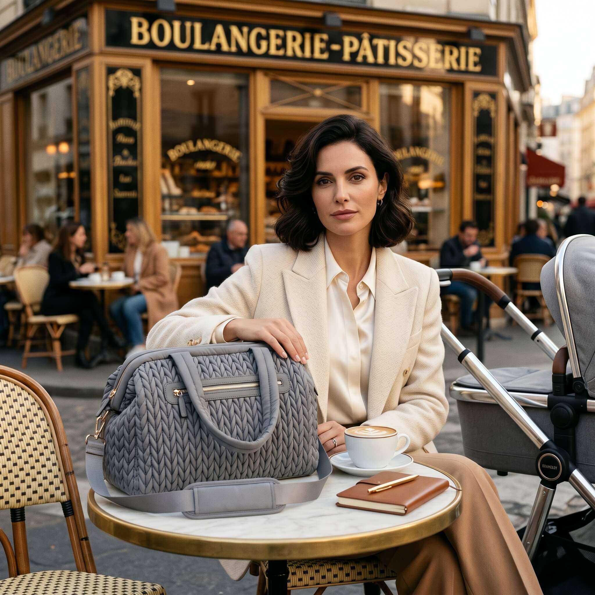Sac à langer mommy bag élégant posé sur une table de café parisien, maman en blazer crème