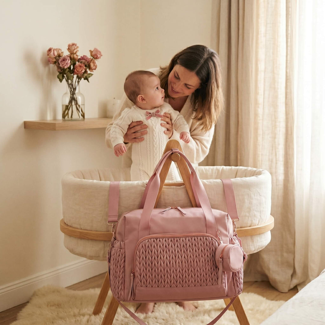 Sac à langer rose poudré suspendu à un berceau crème, maman sortant doucement son bébé fille