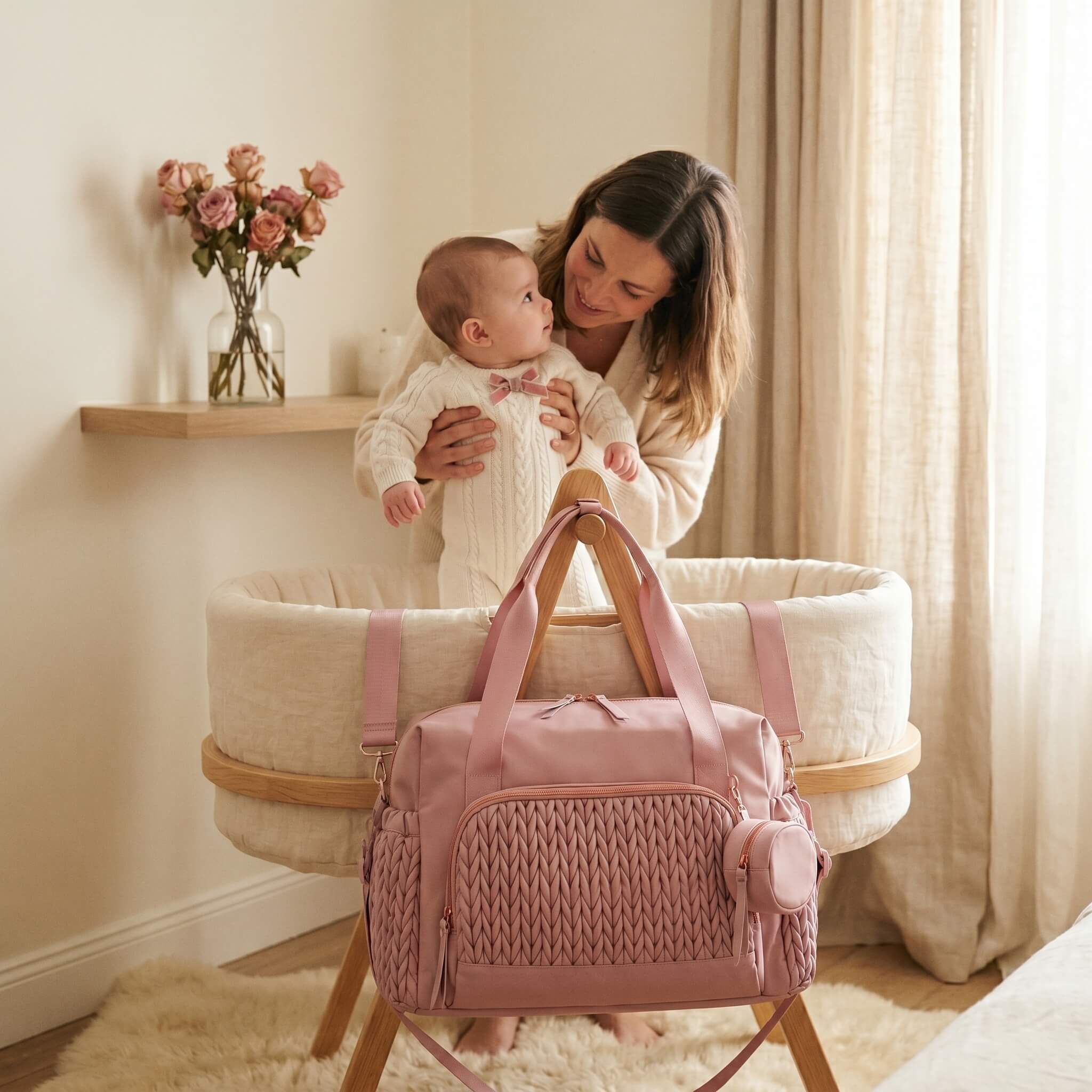 Sac à langer rose poudré suspendu à un berceau crème, maman sortant doucement son bébé fille