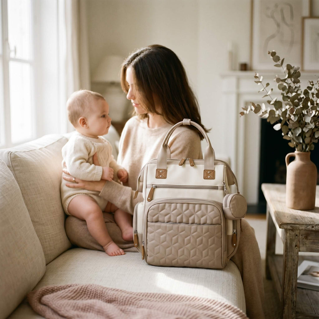 Sac à langer Maison Lunö posé sur un canapé en lin crème, maman tenant son bébé dans une ambiance lumineuse et douce