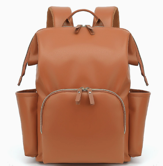 Sac à dos à langer lisse simili-cuir caramel - élégance épurée