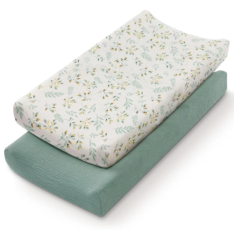 Housse matelas à langer 80x40 mousseline coton fleurs vertes – Maison Lunö