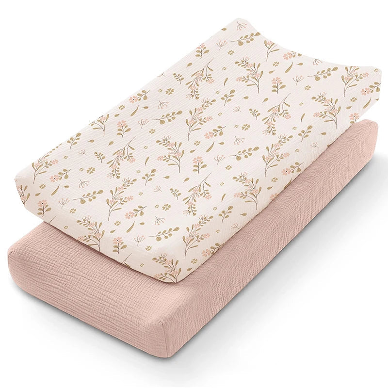 Housse matelas à langer 80x40 mousseline coton fleurs roses – Maison Lunö