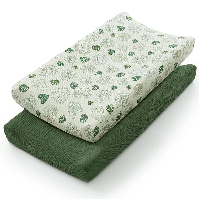 Housse matelas à langer 80x40 mousseline coton feuillage vert foncé – Maison Lunö