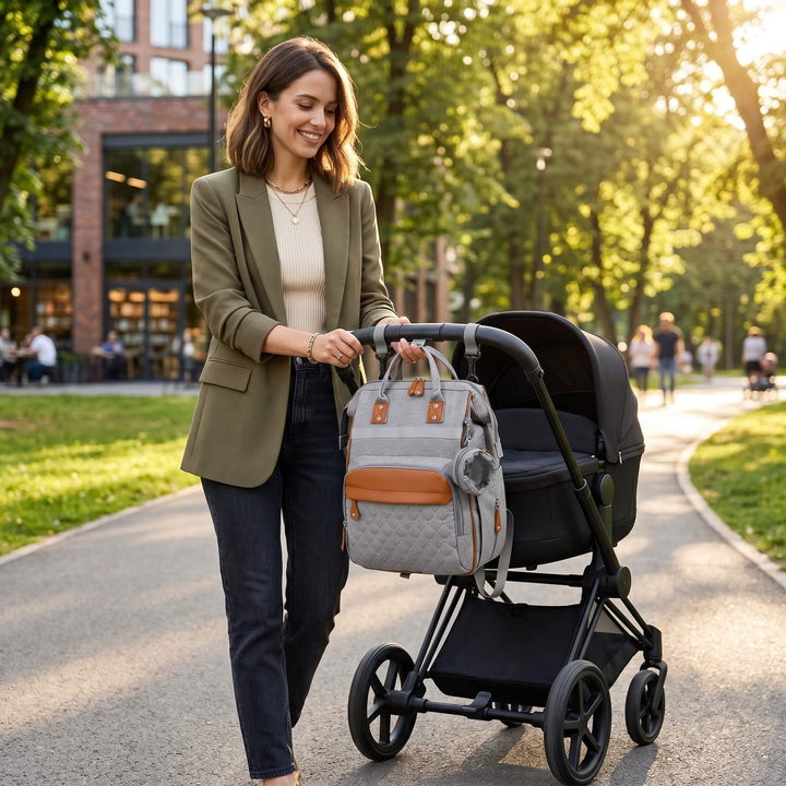Maman avec son sac à dos à langer bandes cuir caramel accroché à la poussette