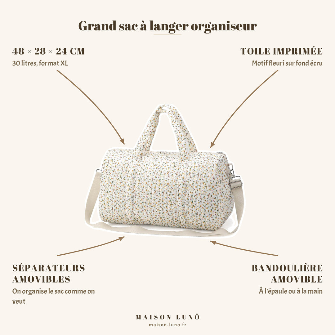 Grand sac à langer organiseur Maison Lunö — 48 × 28 × 24 cm, 30 litres, séparateurs amovibles et bandoulière amovible