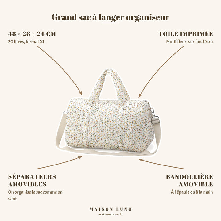 Grand sac à langer organiseur Maison Lunö — 48 × 28 × 24 cm, 30 litres, séparateurs amovibles et bandoulière amovible