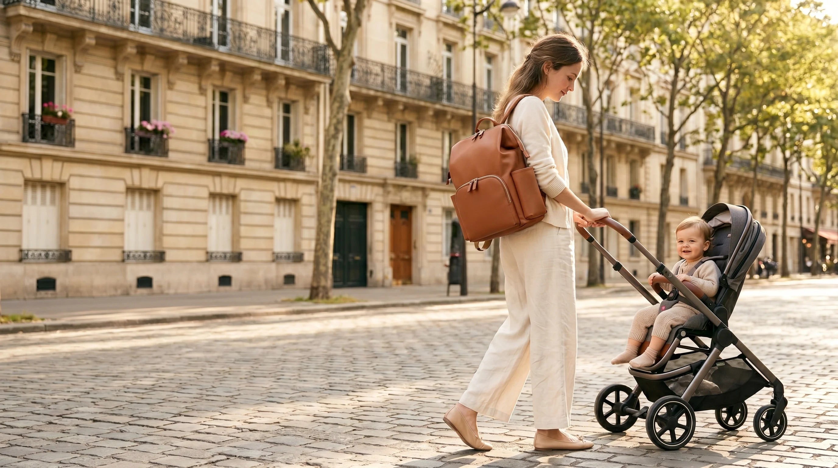 Sac à langer Maison Lunö porté par une maman parisienne avec son bébé en poussette
