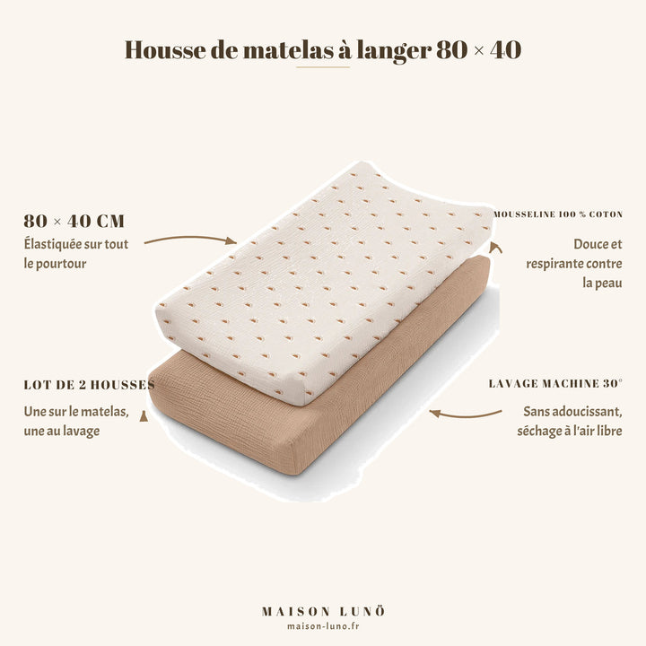 Lot de 2 housses de matelas à langer 80 × 40 cm en mousseline coton Maison Lunö, coloris brun chaud — élastiquées, lavables en machine à 30°