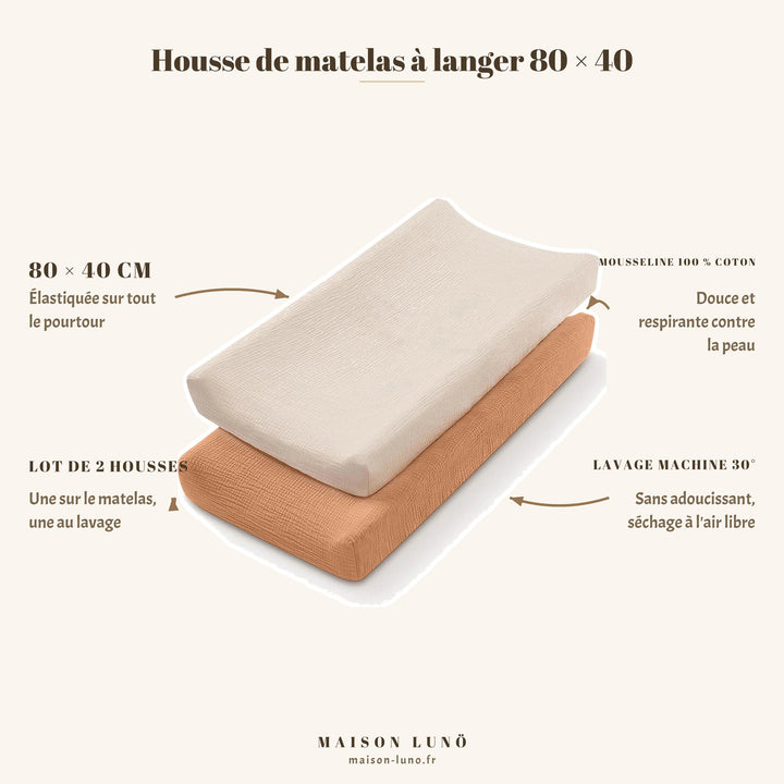 Lot de 2 housses de matelas à langer 80 × 40 cm en mousseline coton Maison Lunö, coloris citrouille et sable — élastiquées, lavables en machine à 30°