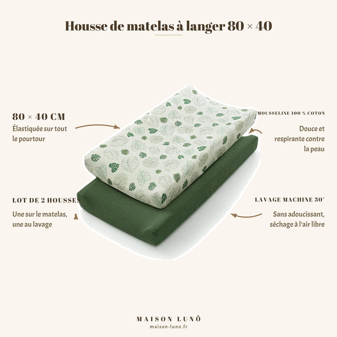 Lot de 2 housses de matelas à langer 80 × 40 cm en mousseline coton Maison Lunö, coloris feuillage vert — élastiquées, lavables en machine à 30°