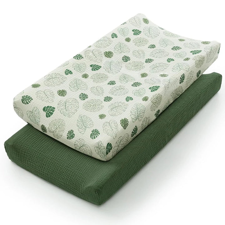 Lot de 2 housses de matelas à langer 80 × 40 cm en mousseline coton Maison Lunö, coloris feuillage vert