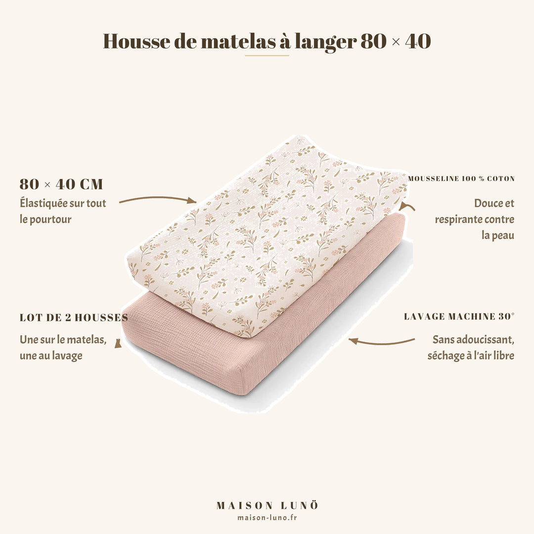 Lot de 2 housses de matelas à langer 80 × 40 cm en mousseline coton Maison Lunö, coloris fleurs roses — élastiquées, lavables en machine à 30°
