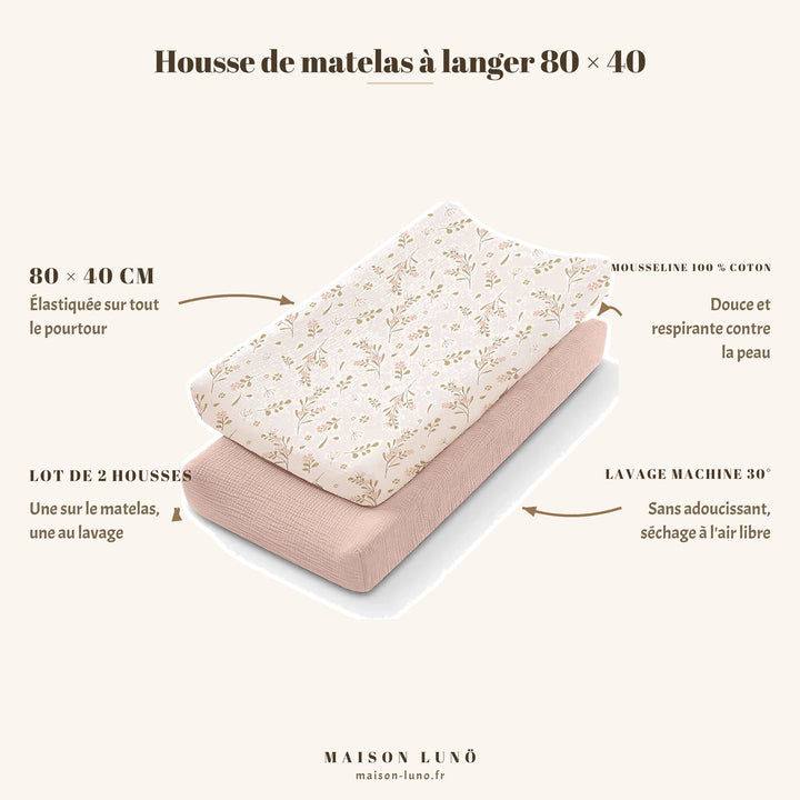 Lot de 2 housses de matelas à langer 80 × 40 cm en mousseline coton Maison Lunö, coloris fleurs roses — élastiquées, lavables en machine à 30°