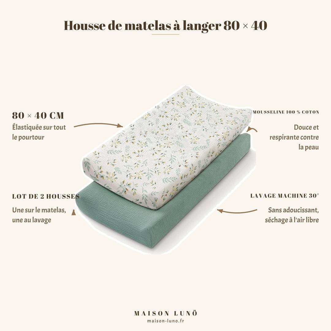 Lot de 2 housses de matelas à langer 80 × 40 cm en mousseline coton Maison Lunö, coloris fleurs vertes — élastiquées, lavables en machine à 30°
