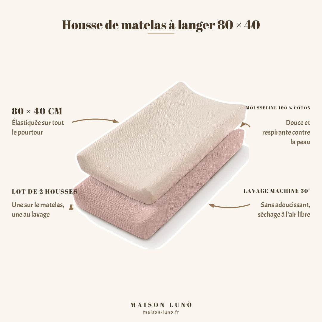 Lot de 2 housses de matelas à langer 80 × 40 cm en mousseline coton Maison Lunö, coloris lilas et sable — élastiquées, lavables en machine à 30°
