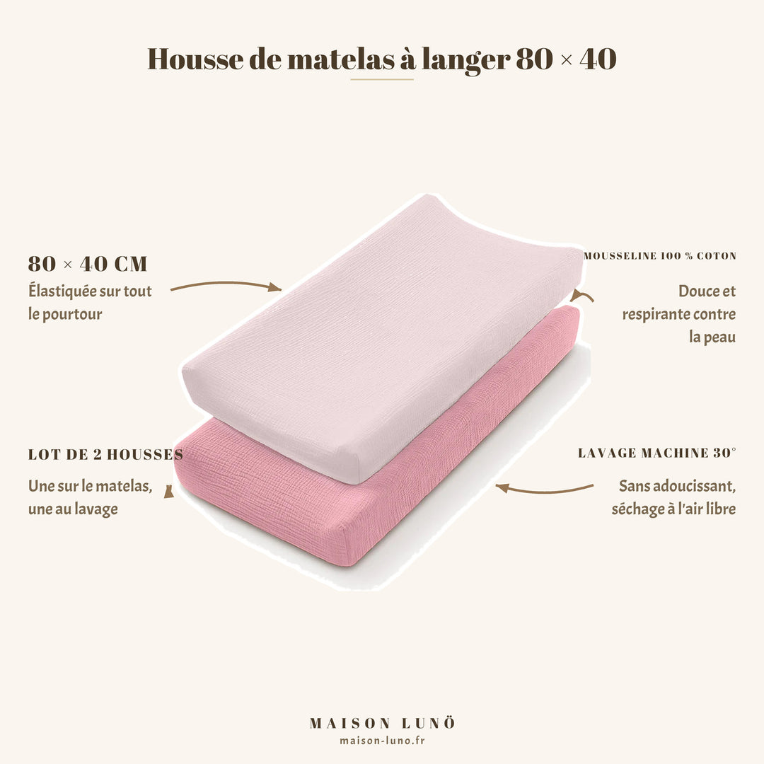 Lot de 2 housses de matelas à langer 80 × 40 cm en mousseline coton Maison Lunö, coloris rose poudré — élastiquées, lavables en machine à 30°