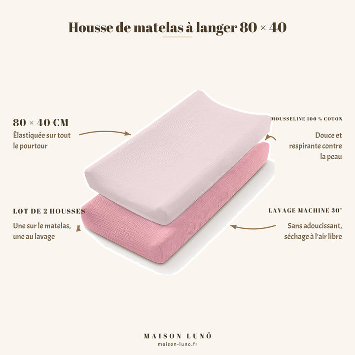 Lot de 2 housses de matelas à langer 80 × 40 cm en mousseline coton Maison Lunö, coloris rose poudré — élastiquées, lavables en machine à 30°
