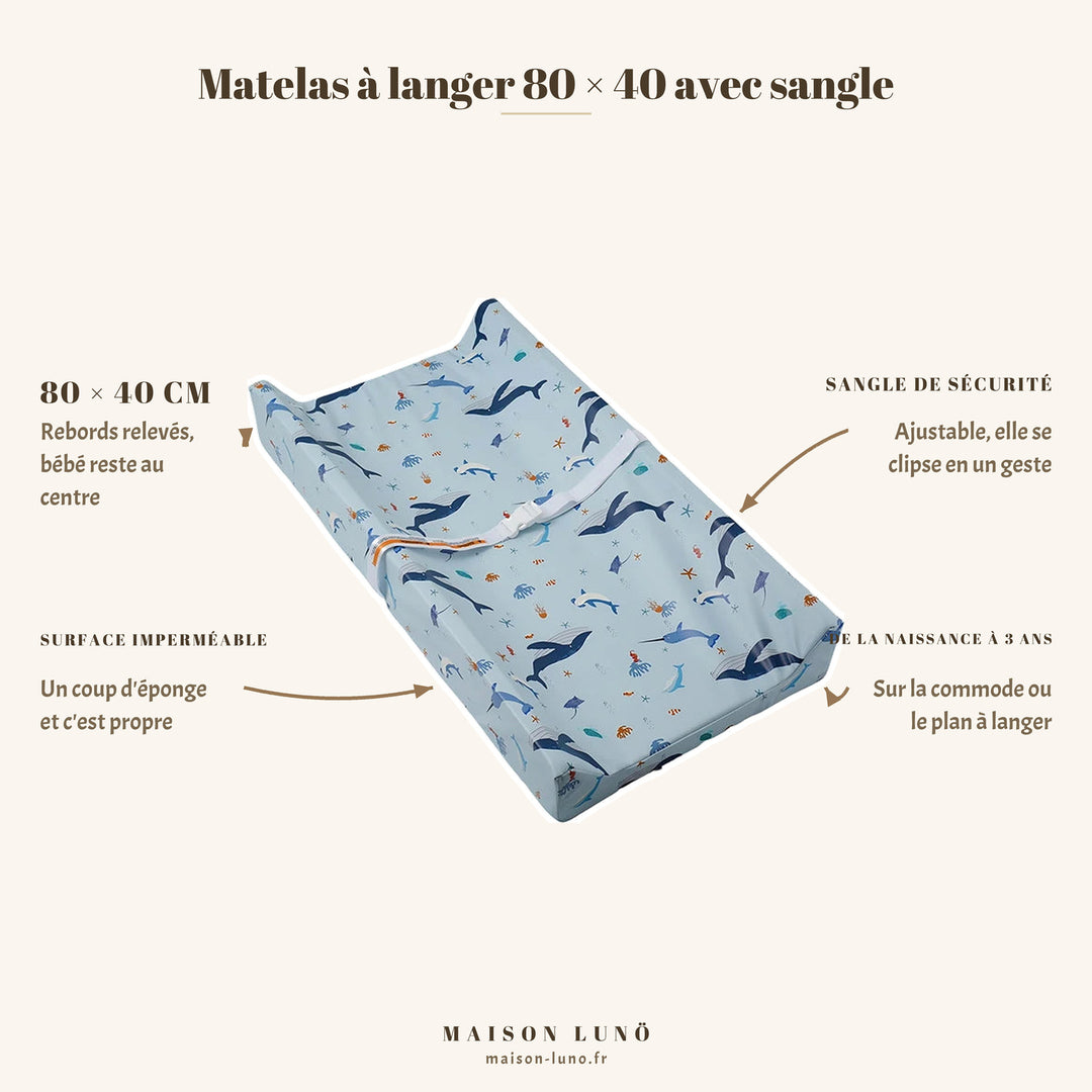 Matelas à langer 80 × 40 cm avec sangle de sécurité Maison Lunö, coloris animaux marins — rebords relevés et surface imperméable