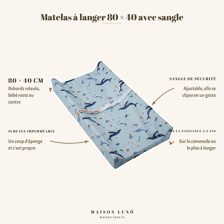 Matelas à langer 80 × 40 cm avec sangle de sécurité Maison Lunö, coloris animaux marins — rebords relevés et surface imperméable