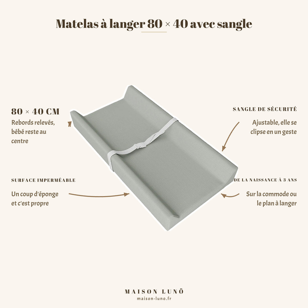 Matelas à langer 80 × 40 cm avec sangle de sécurité Maison Lunö, coloris gris — rebords relevés et surface imperméable