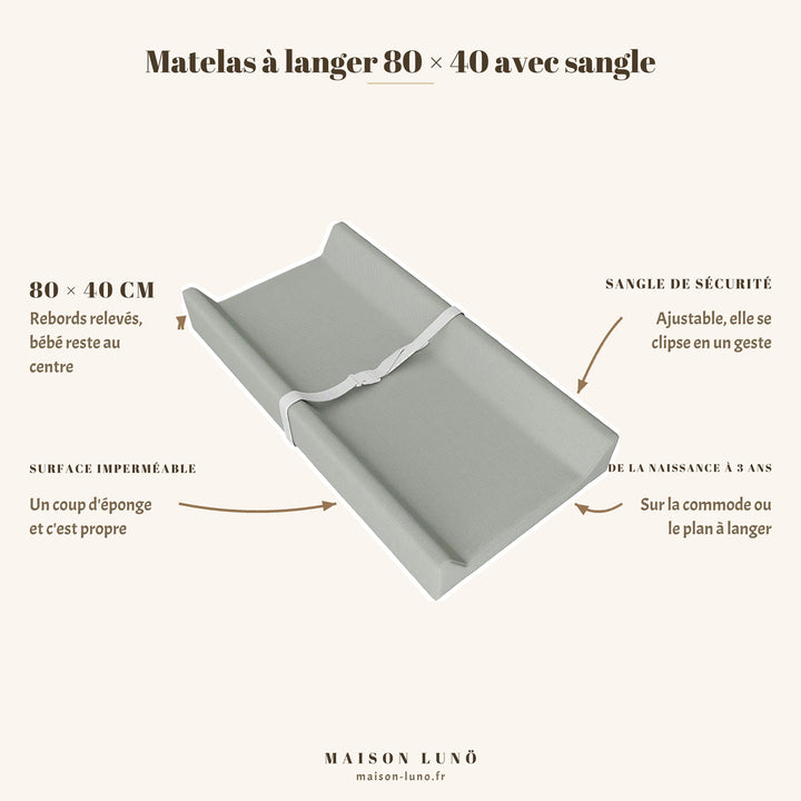 Matelas à langer 80 × 40 cm avec sangle de sécurité Maison Lunö, coloris gris — rebords relevés et surface imperméable
