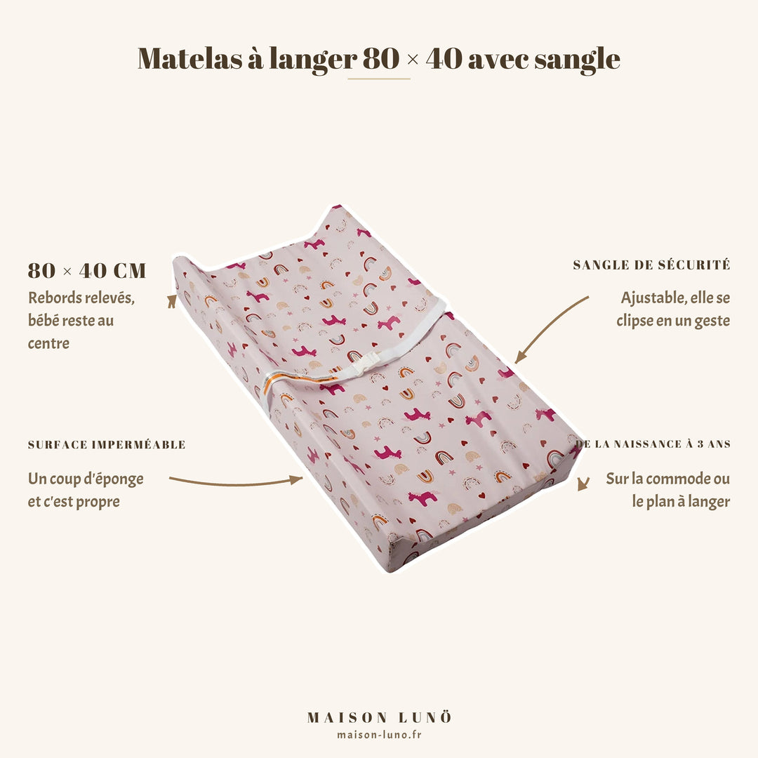 Matelas à langer 80 × 40 cm avec sangle de sécurité Maison Lunö, coloris licornes arc-en-ciel — rebords relevés et surface imperméable