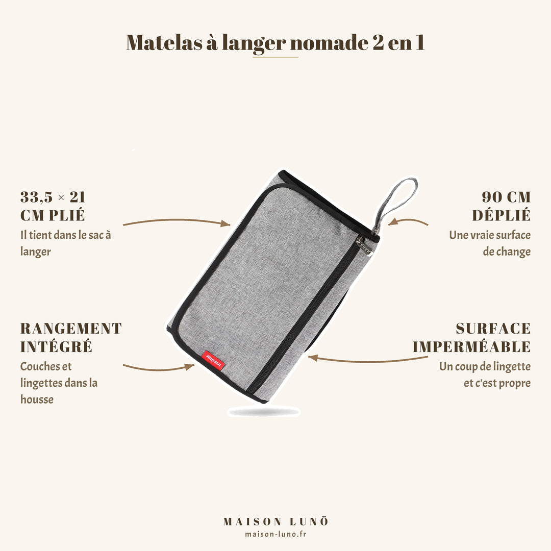 Matelas à langer nomade 2 en 1 Maison Lunö — 33,5 × 21 cm plié, 90 cm déplié, rangement intégré et surface imperméable