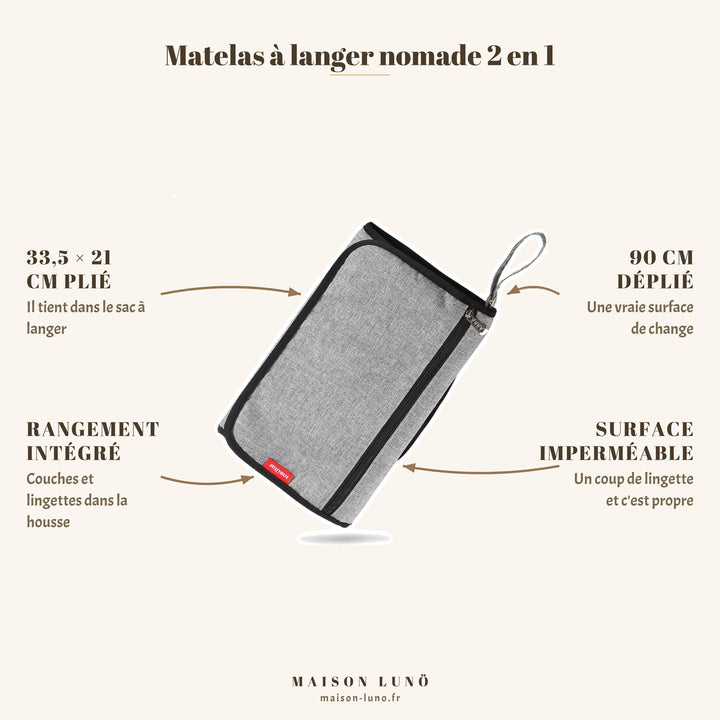 Matelas à langer nomade 2 en 1 Maison Lunö — 33,5 × 21 cm plié, 90 cm déplié, rangement intégré et surface imperméable