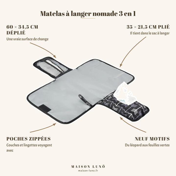 Matelas à langer nomade 3 en 1 Maison Lunö — 60 × 34,5 cm déplié, 35 × 21,5 cm plié, poches zippées et neuf motifs