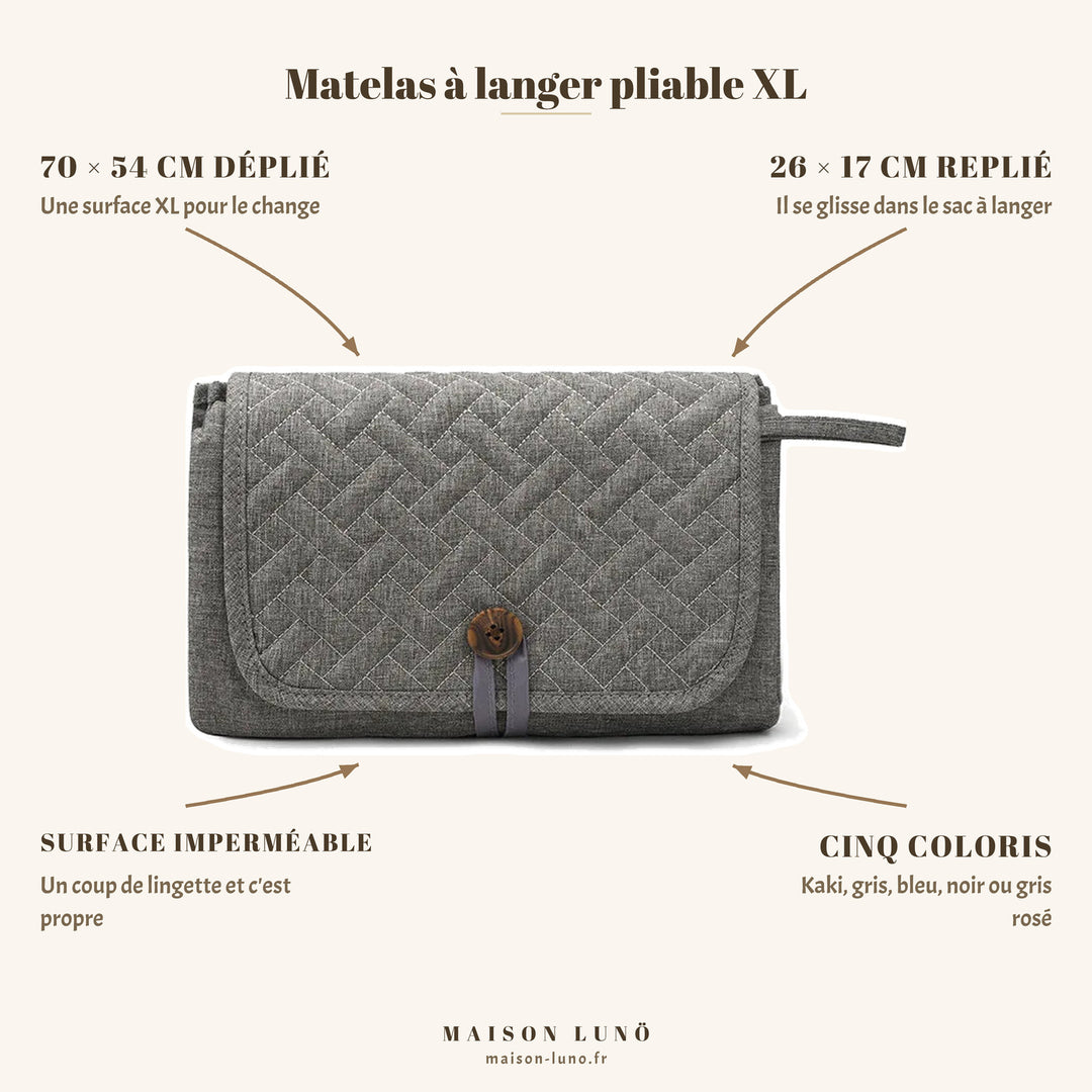 Matelas à langer pliable XL Maison Lunö — 70 × 54 cm déplié, 26 × 17 cm replié, surface imperméable et cinq coloris