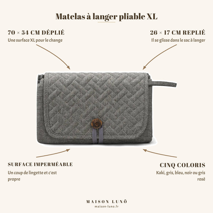 Matelas à langer pliable XL Maison Lunö — 70 × 54 cm déplié, 26 × 17 cm replié, surface imperméable et cinq coloris