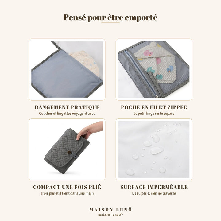 Rangements du matelas à langer pliable XL Maison Lunö — poche à couches, poche en filet zippée, pliage compact et surface imperméable